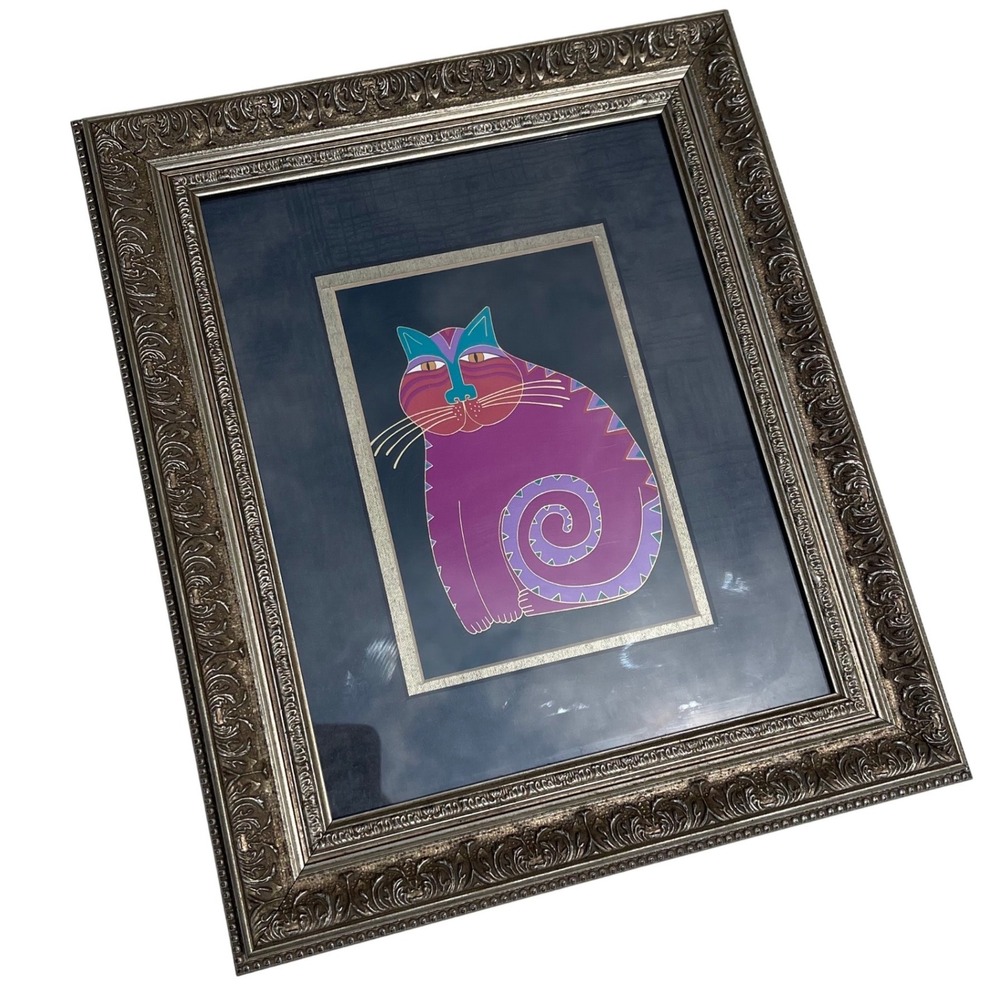 Vintage Framed Purple Cat Art Print Ornate Silver Gold Frame 11x13 Garden Ridge